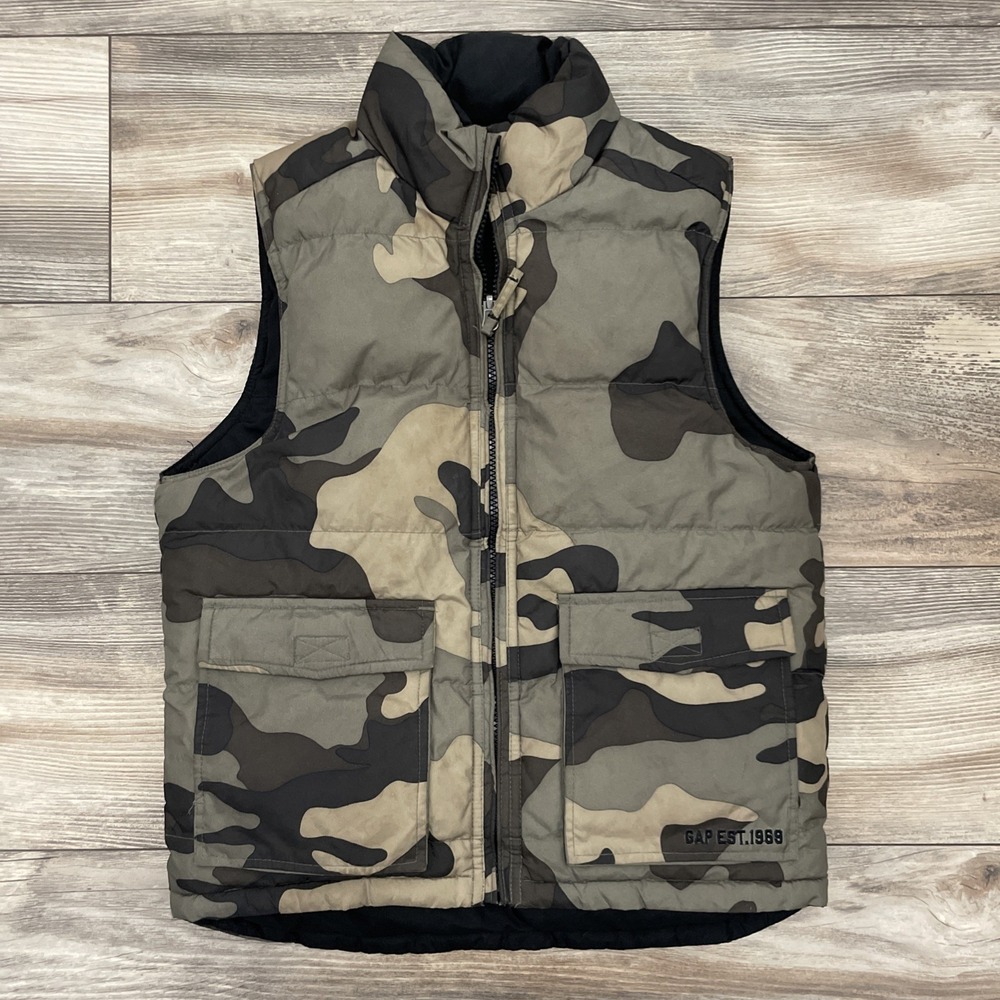 Gap Kids Boys 8 Medium Camo Puffer Vest Reversible Black Outdoor Full Zip